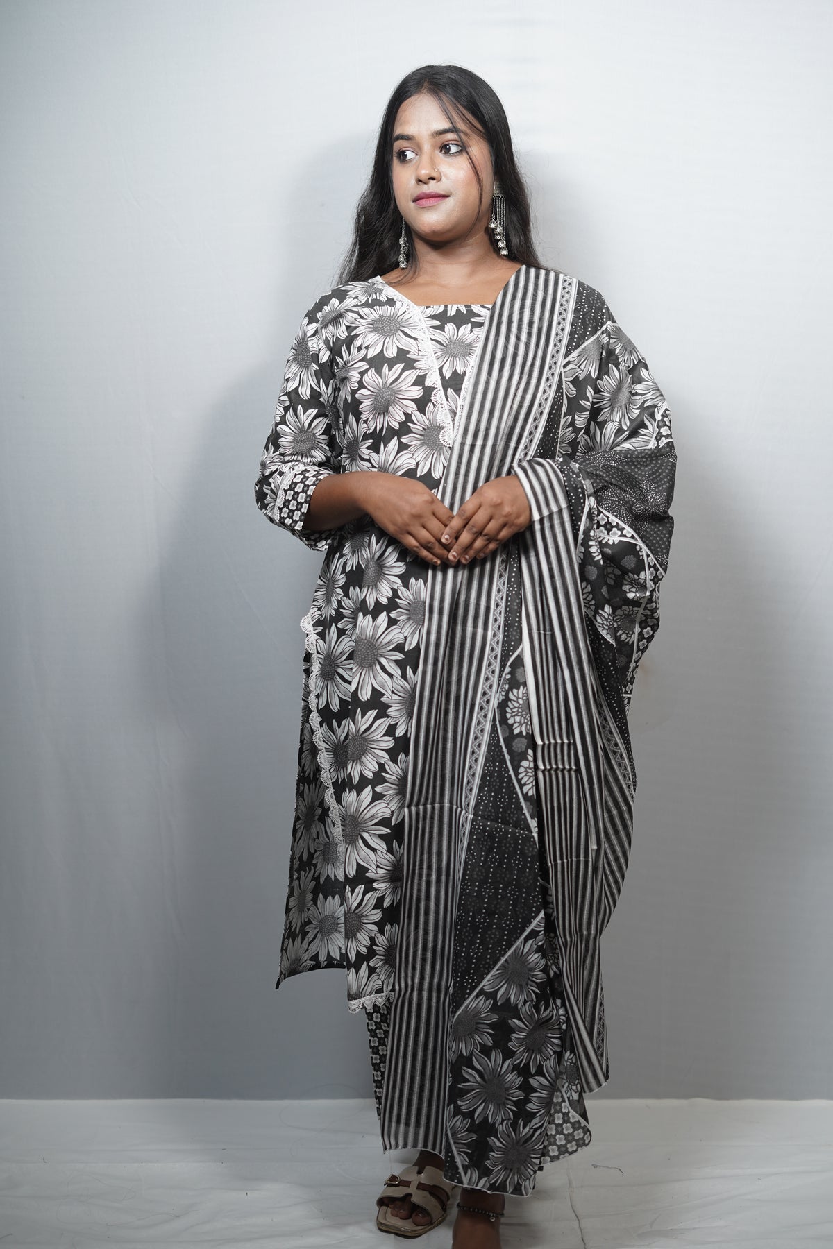 Sunflower Print Cotton Kurta Set with Lace Neckline & Striped Dupatta