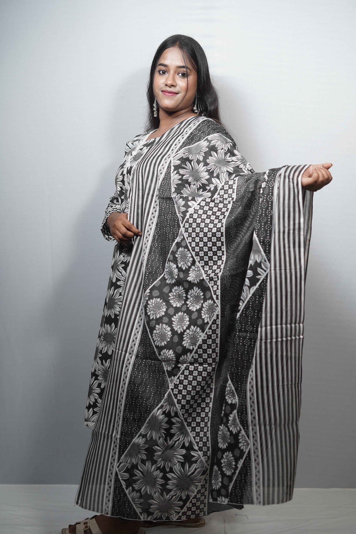 Sunflower Print Cotton Kurta Set with Lace Neckline & Striped Dupatta