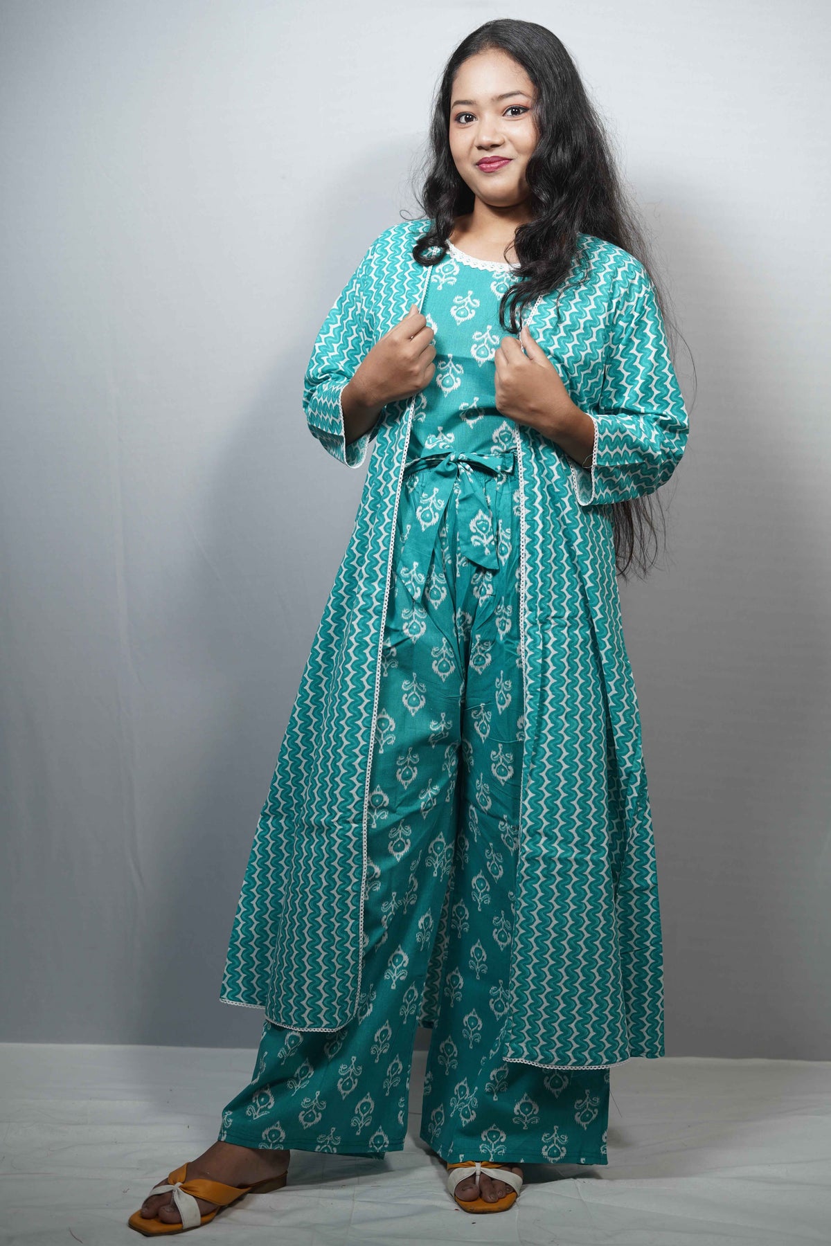 Cotton Printed Jumpsuit with Long Shrug Co-ord Set