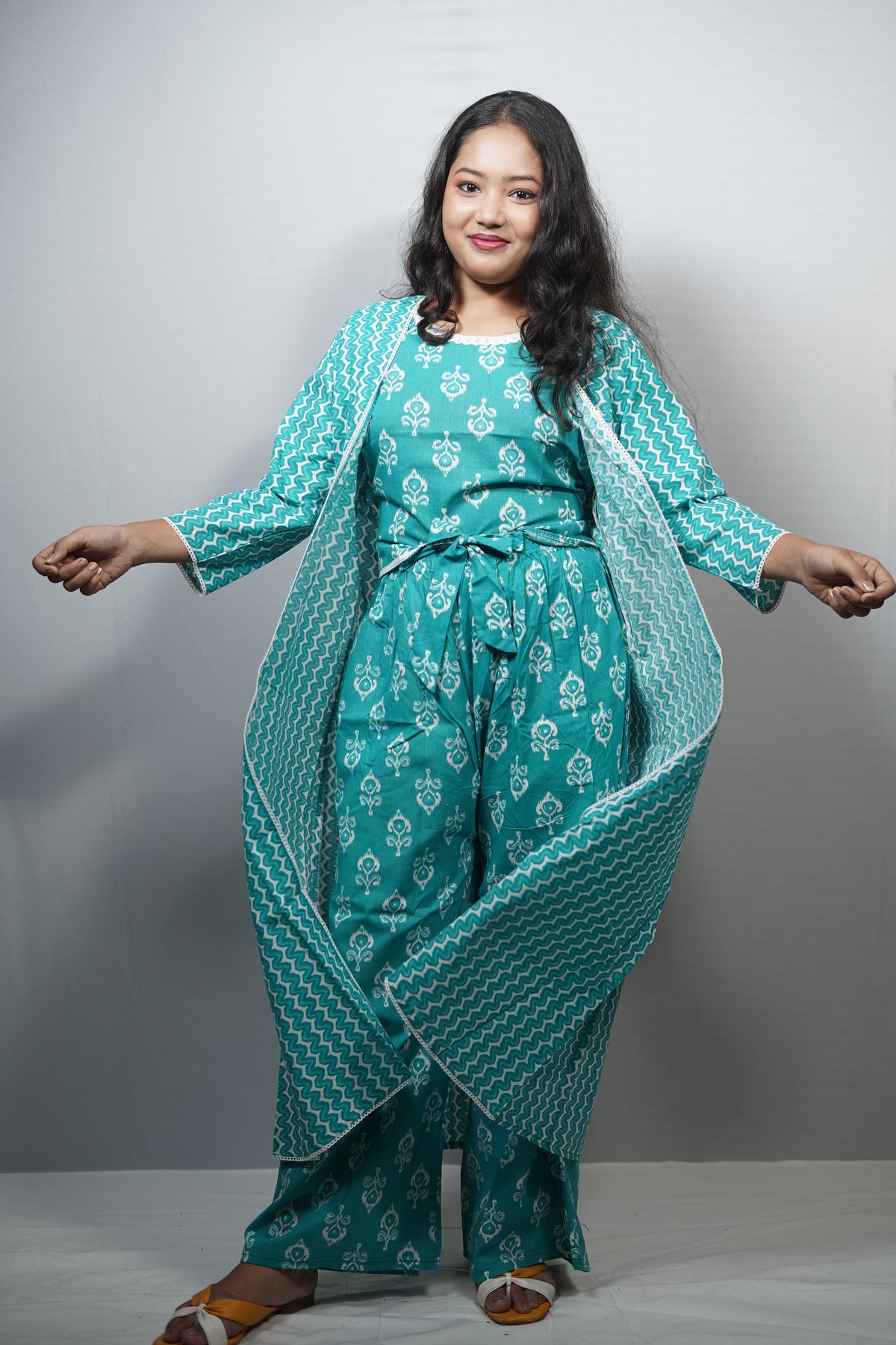 Cotton Printed Jumpsuit with Long Shrug Co-ord Set