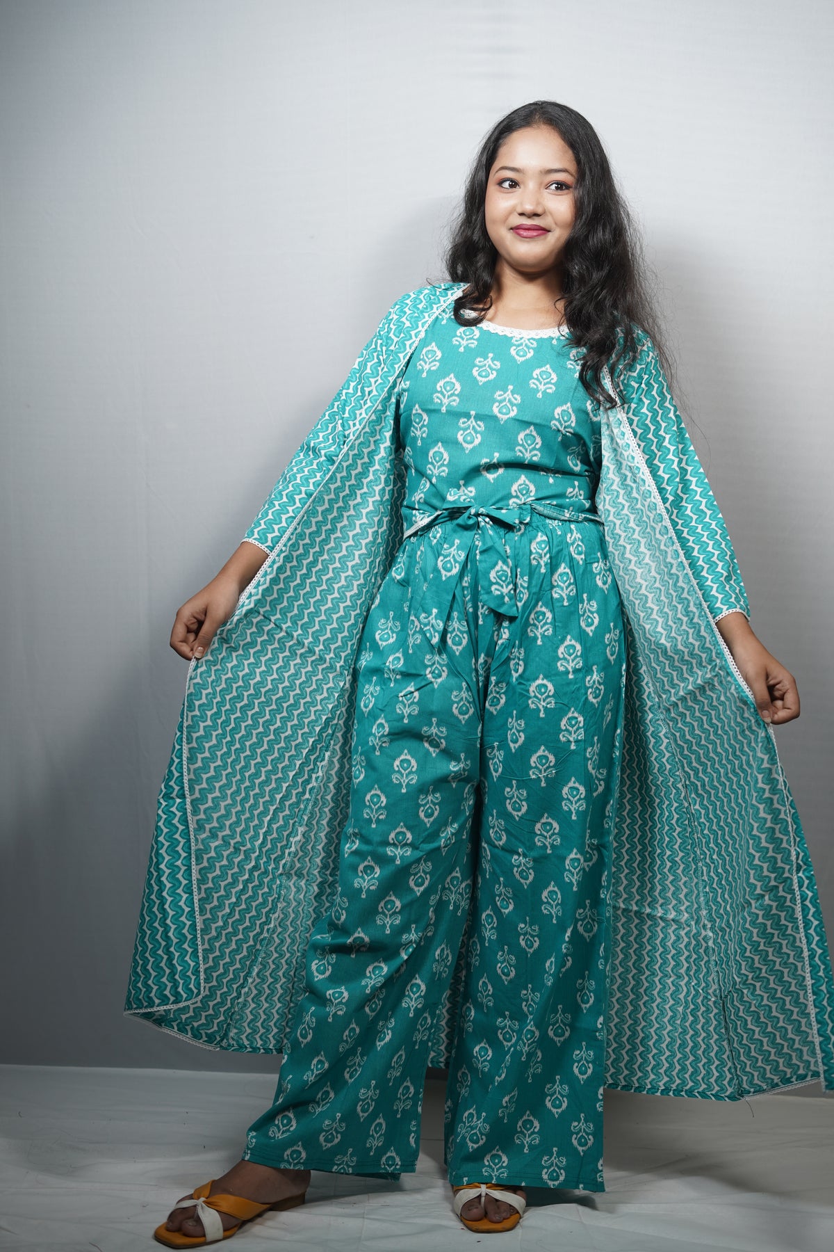 Cotton Printed Jumpsuit with Long Shrug Co-ord Set