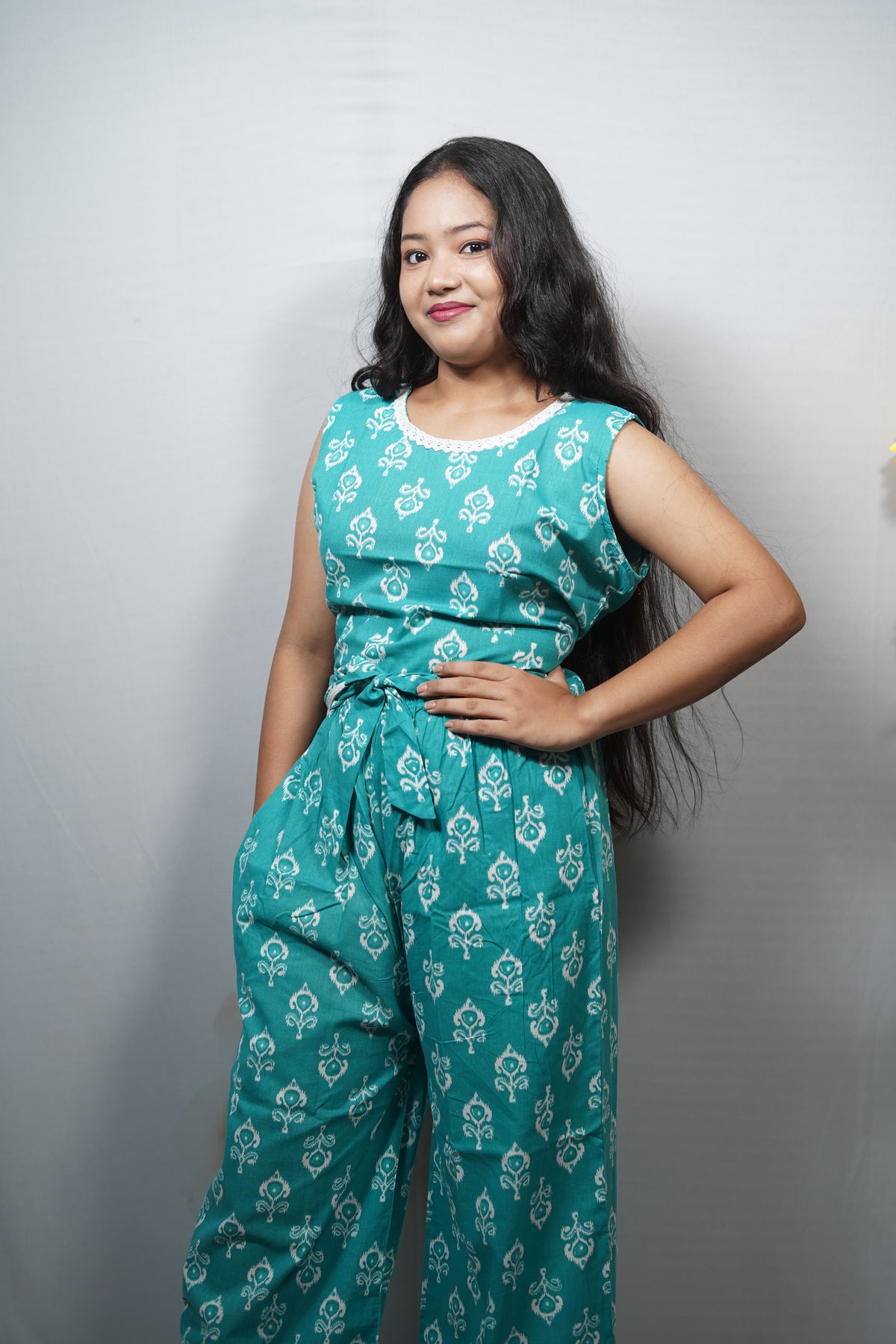 Cotton Printed Jumpsuit with Long Shrug Co-ord Set