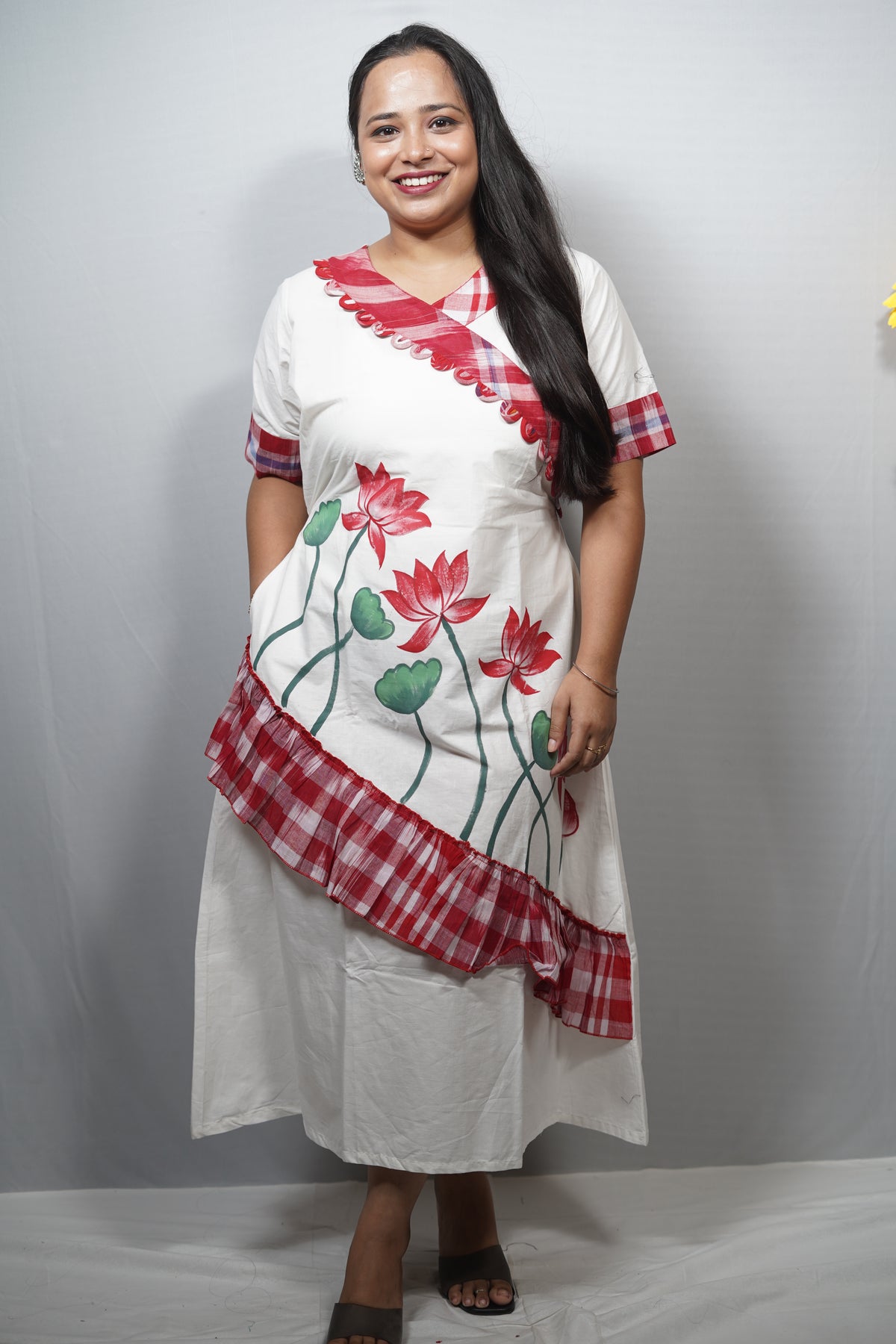 Hand Painted Lotus Cotton Dress with Checkered Ruffle Trim