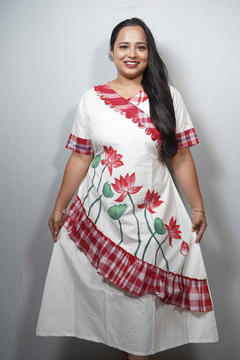 Hand Painted Lotus Cotton Dress with Checkered Ruffle Trim