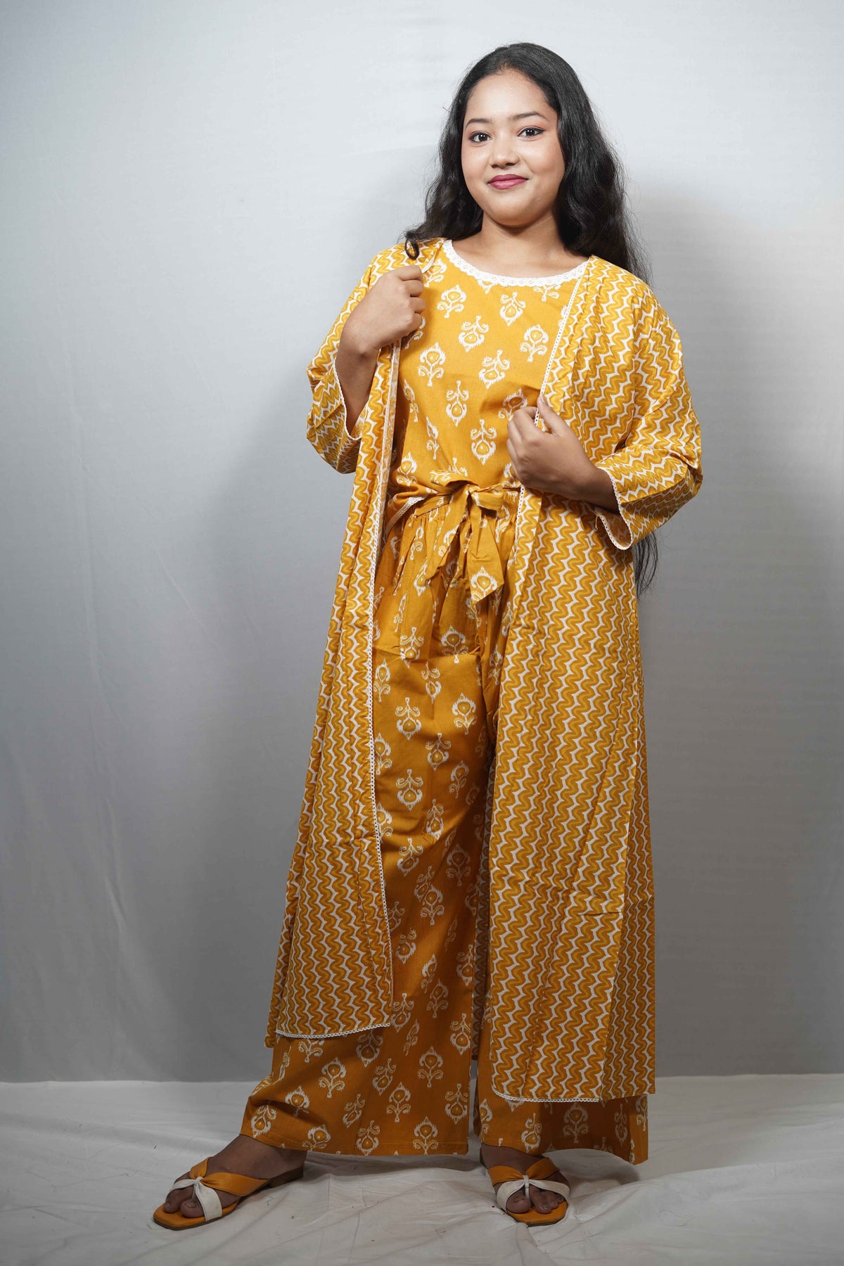 Cotton Printed Jumpsuit with Long Shrug Co-ord Set