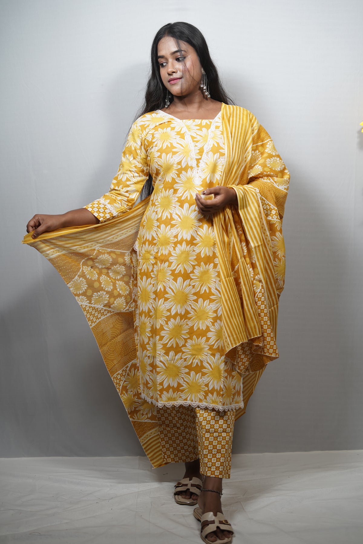 Sunflower Print Cotton Kurta Set with Lace Neckline & Striped Dupatta