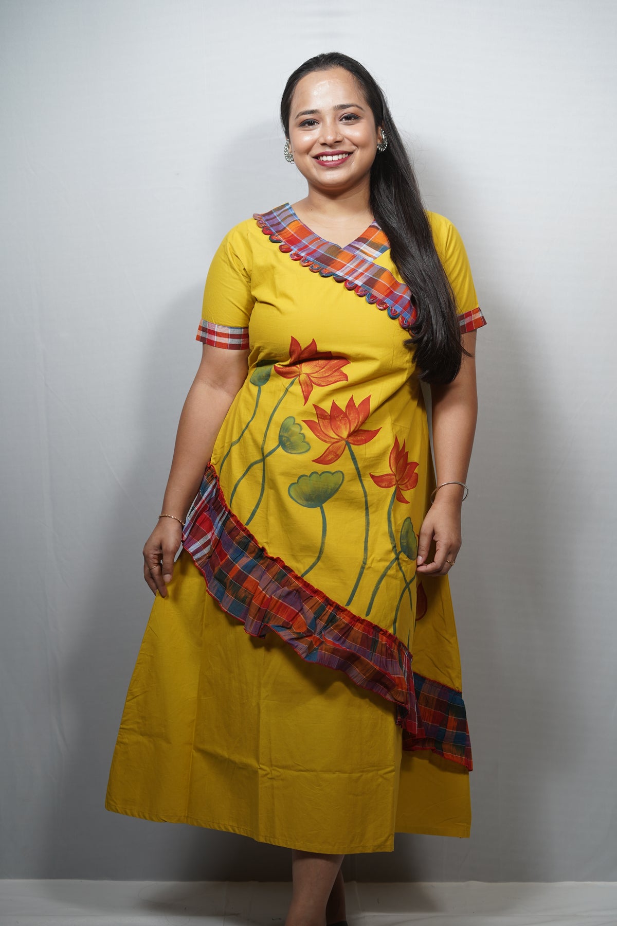 Hand Painted Lotus Cotton Dress with Checkered Ruffle Trim