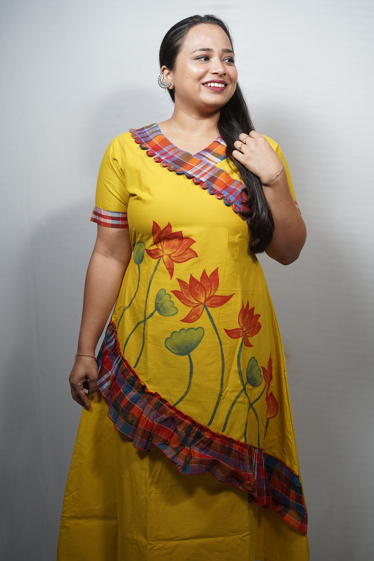 Hand Painted Lotus Cotton Dress with Checkered Ruffle Trim