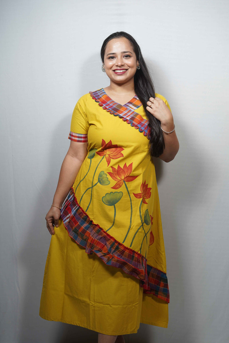 Hand Painted Lotus Cotton Dress with Checkered Ruffle Trim