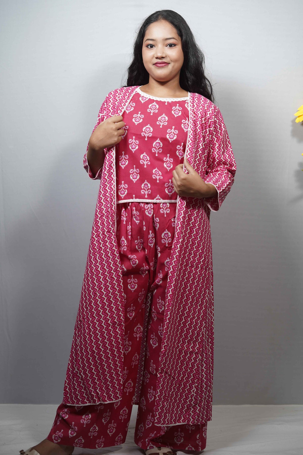 Cotton Printed Jumpsuit with Long Shrug Co-ord Set