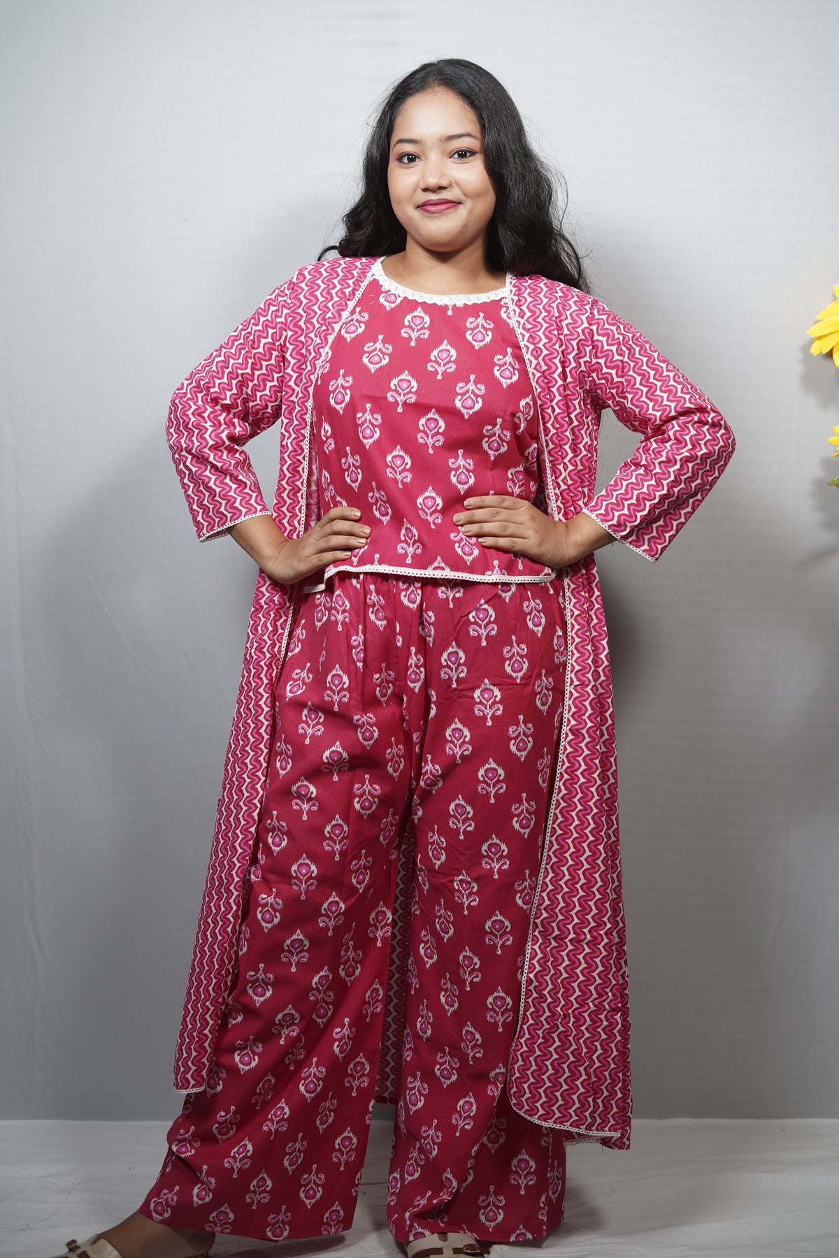 Cotton Printed Jumpsuit with Long Shrug Co-ord Set