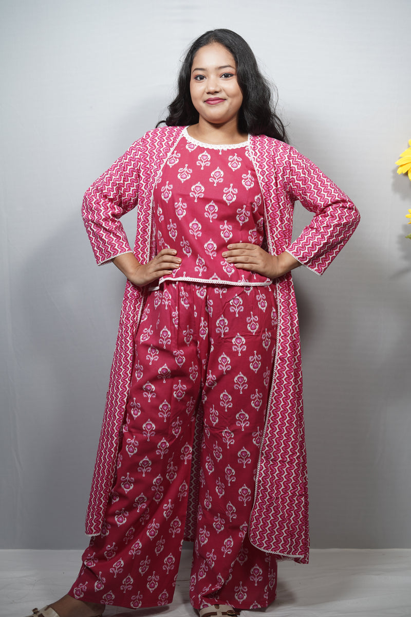 Cotton Printed Jumpsuit with Long Shrug Co-ord Set