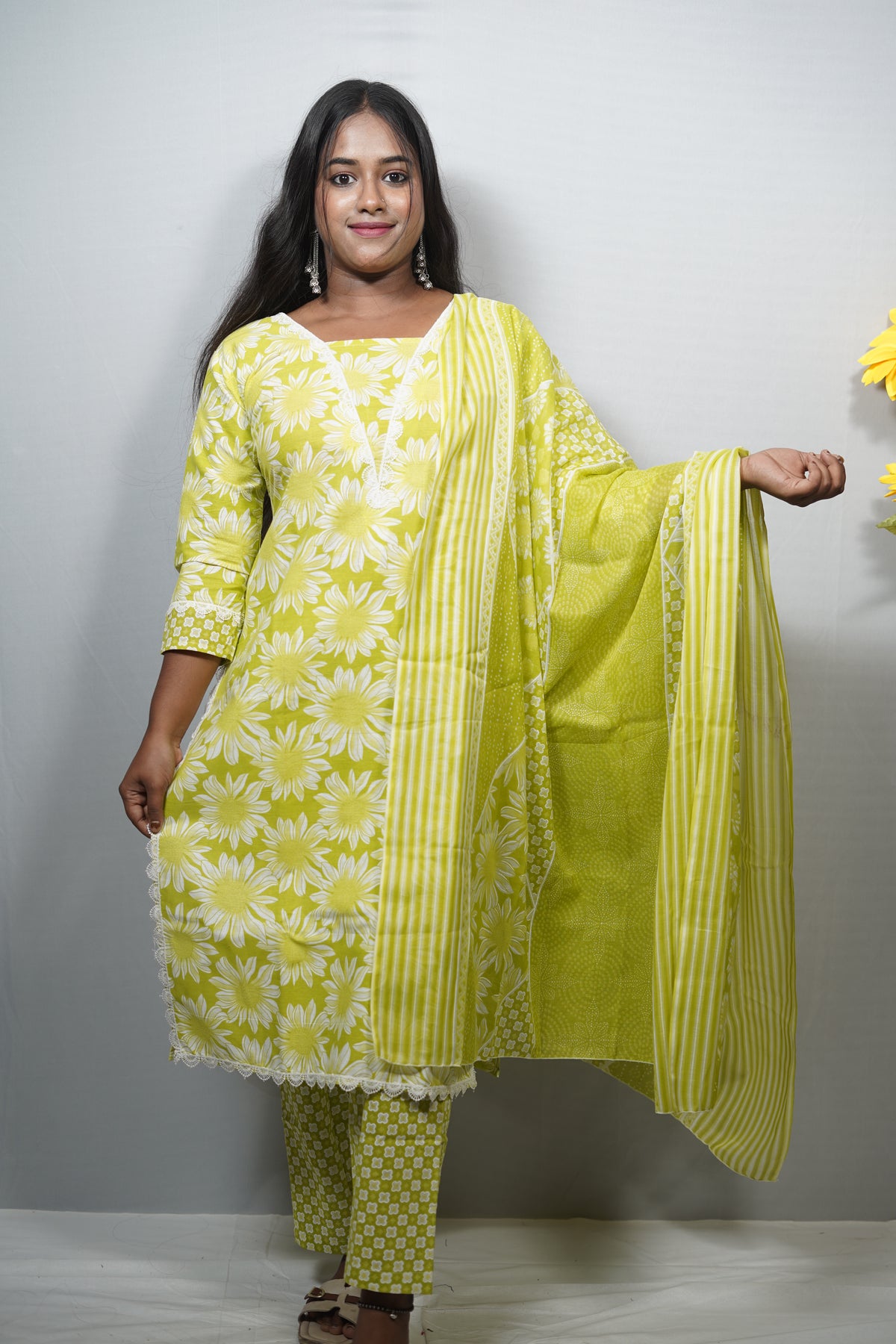 Sunflower Print Cotton Kurta Set with Lace Neckline & Striped Dupatta