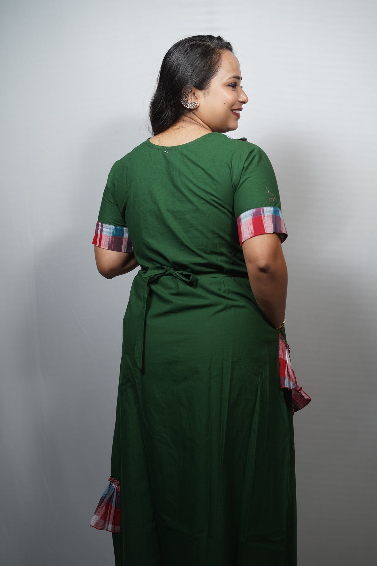 Hand Painted Lotus Cotton Dress with Checkered Ruffle Trim
