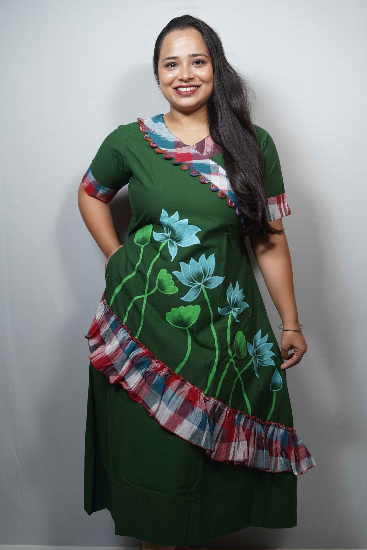 Hand Painted Lotus Cotton Dress with Checkered Ruffle Trim