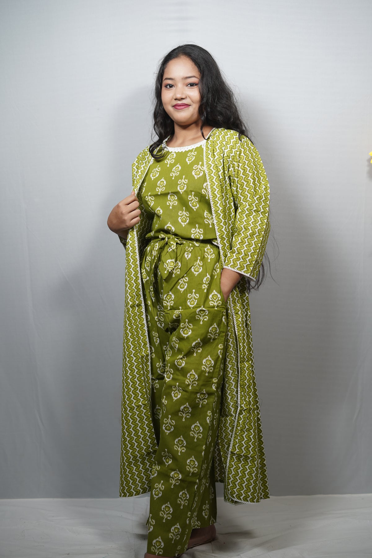 Cotton Printed Jumpsuit with Long Shrug Co-ord Set
