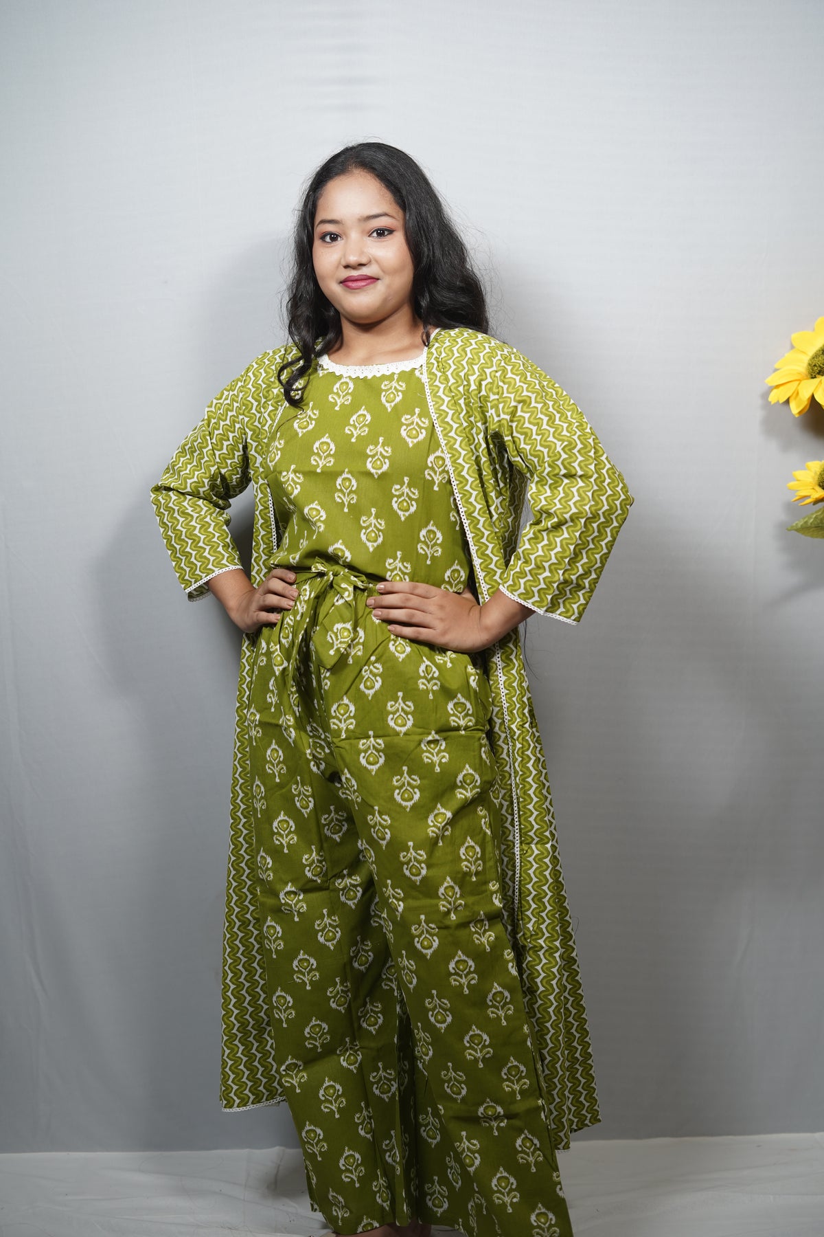 Cotton Printed Jumpsuit with Long Shrug Co-ord Set