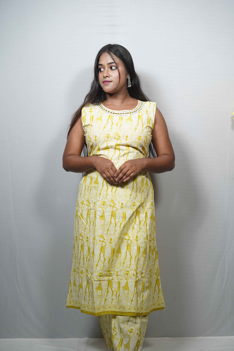 A- line Cotton Kurta with Mirror Work Neckline and palazzo pant