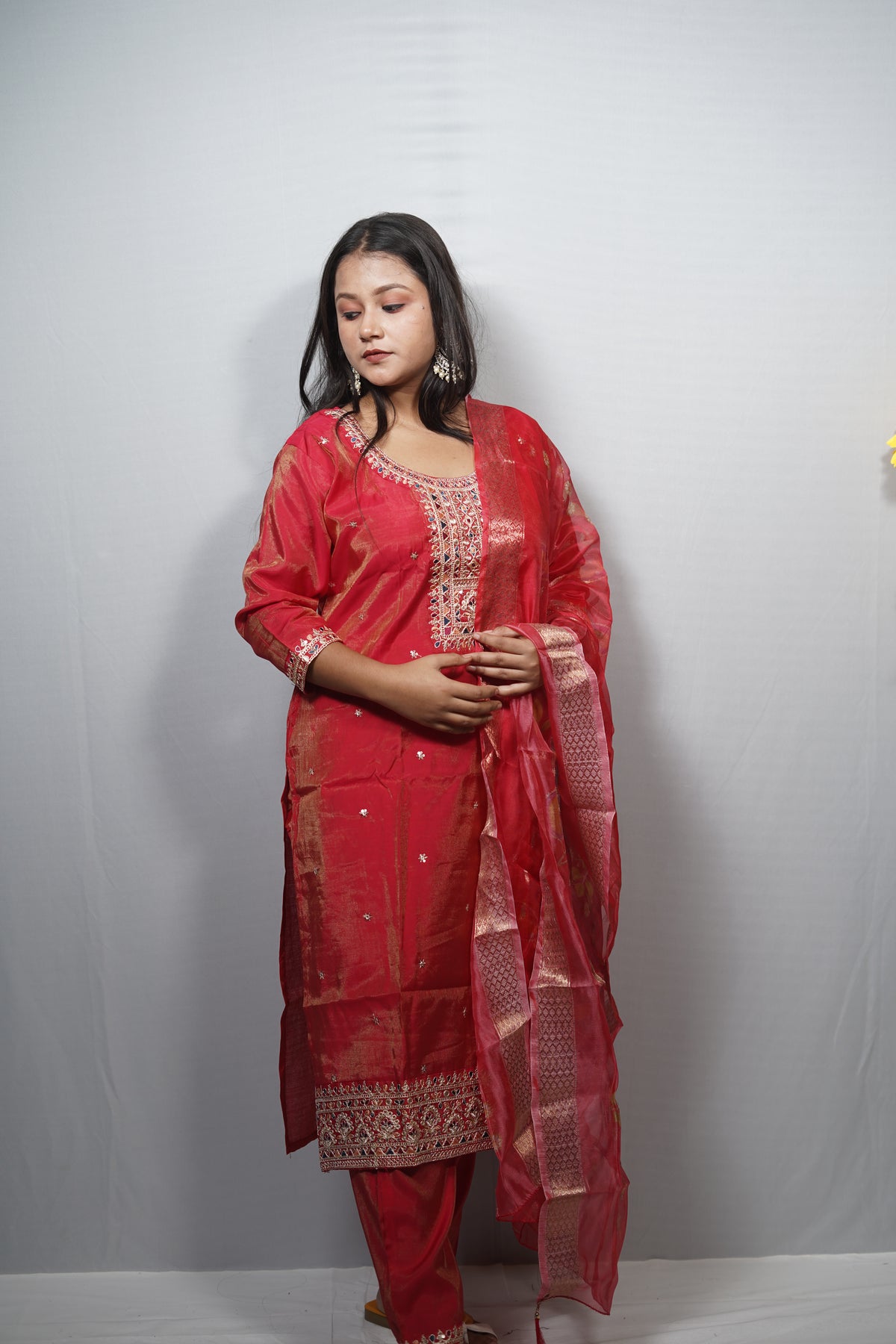 Tissue Silk Kurta Set with Kutch-Style Mirror Embroidered Yoke