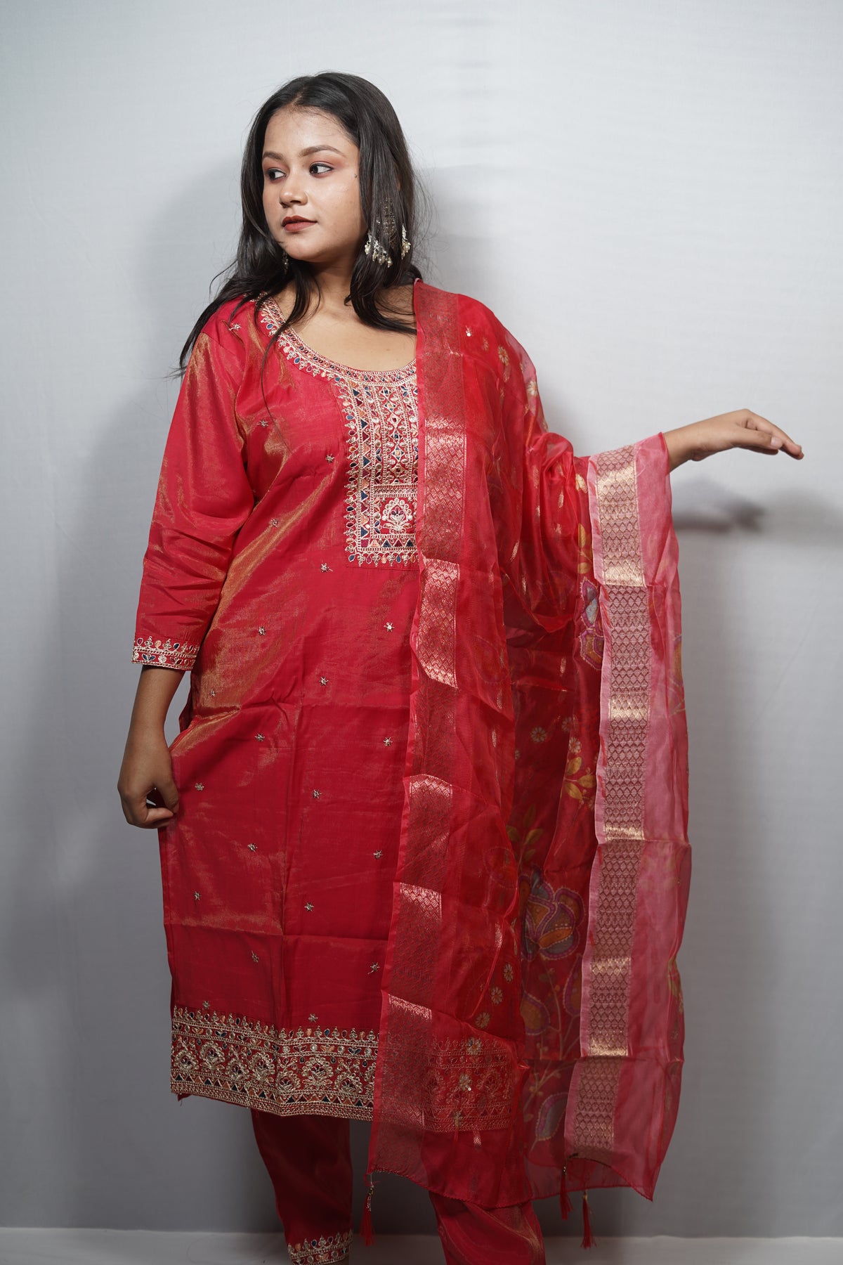 Tissue Silk Kurta Set with Kutch-Style Mirror Embroidered Yoke