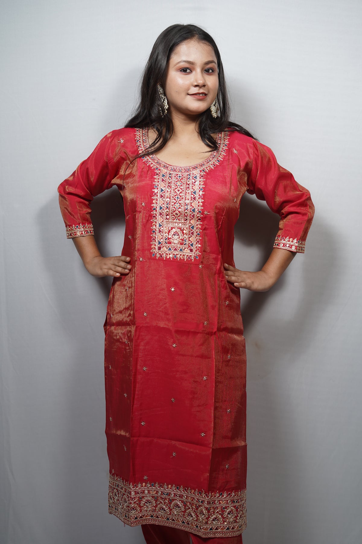Tissue Silk Kurta Set with Kutch-Style Mirror Embroidered Yoke