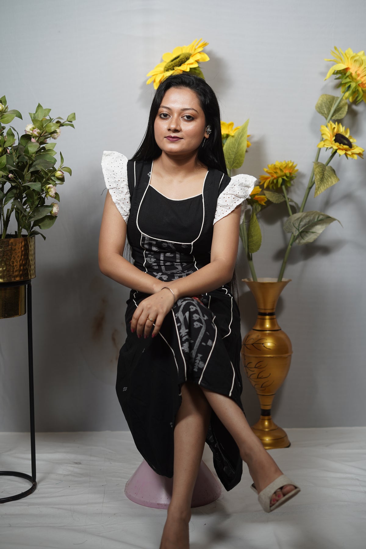 Cotton A-Line Kurta Dress with Jamdani Panel & Eyelet Frill Sleeves