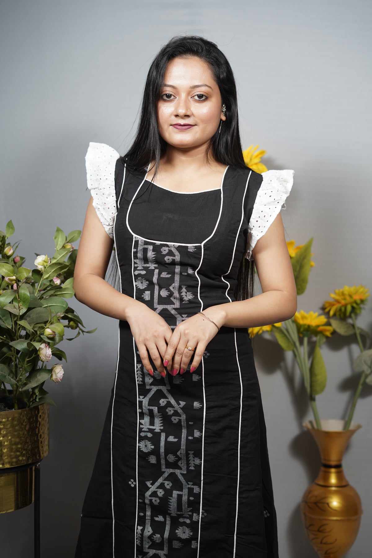 Cotton A-Line Kurta Dress with Jamdani Panel & Eyelet Frill Sleeves