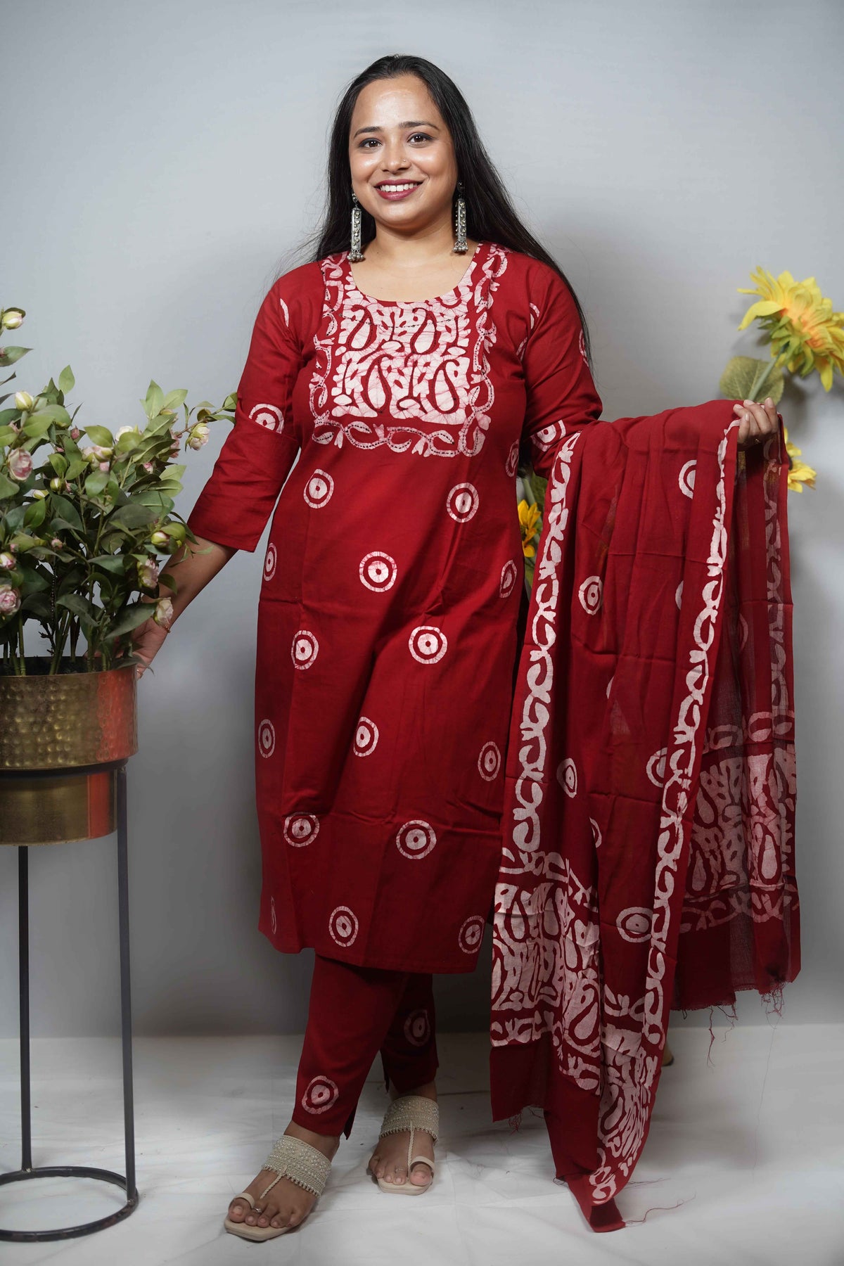 Hand Batik Cotton Kurta Set with Kantha Embroidered Yoke — Kurta, Pant & Dupatta
