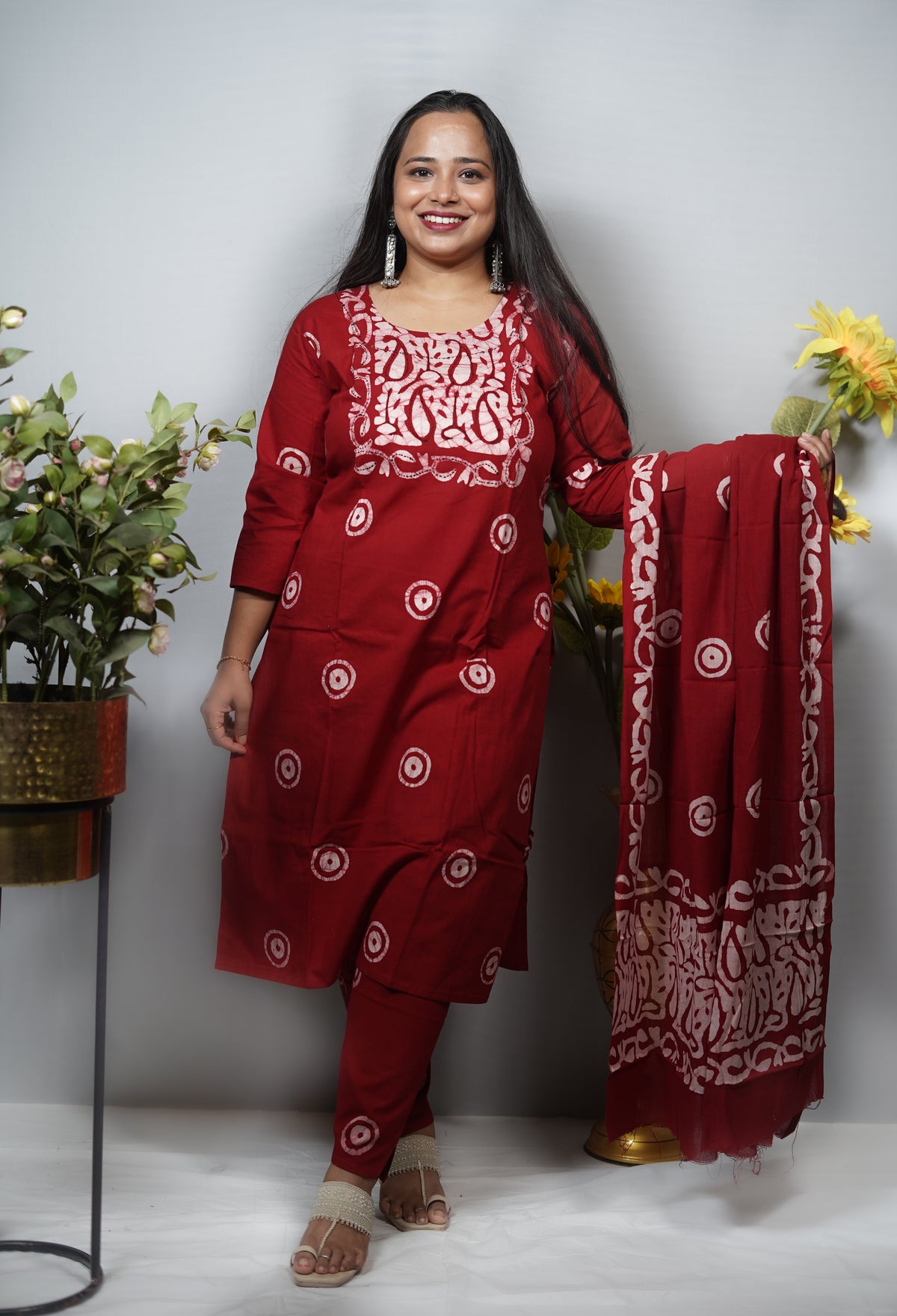 Hand Batik Cotton Kurta Set with Kantha Embroidered Yoke — Kurta, Pant & Dupatta