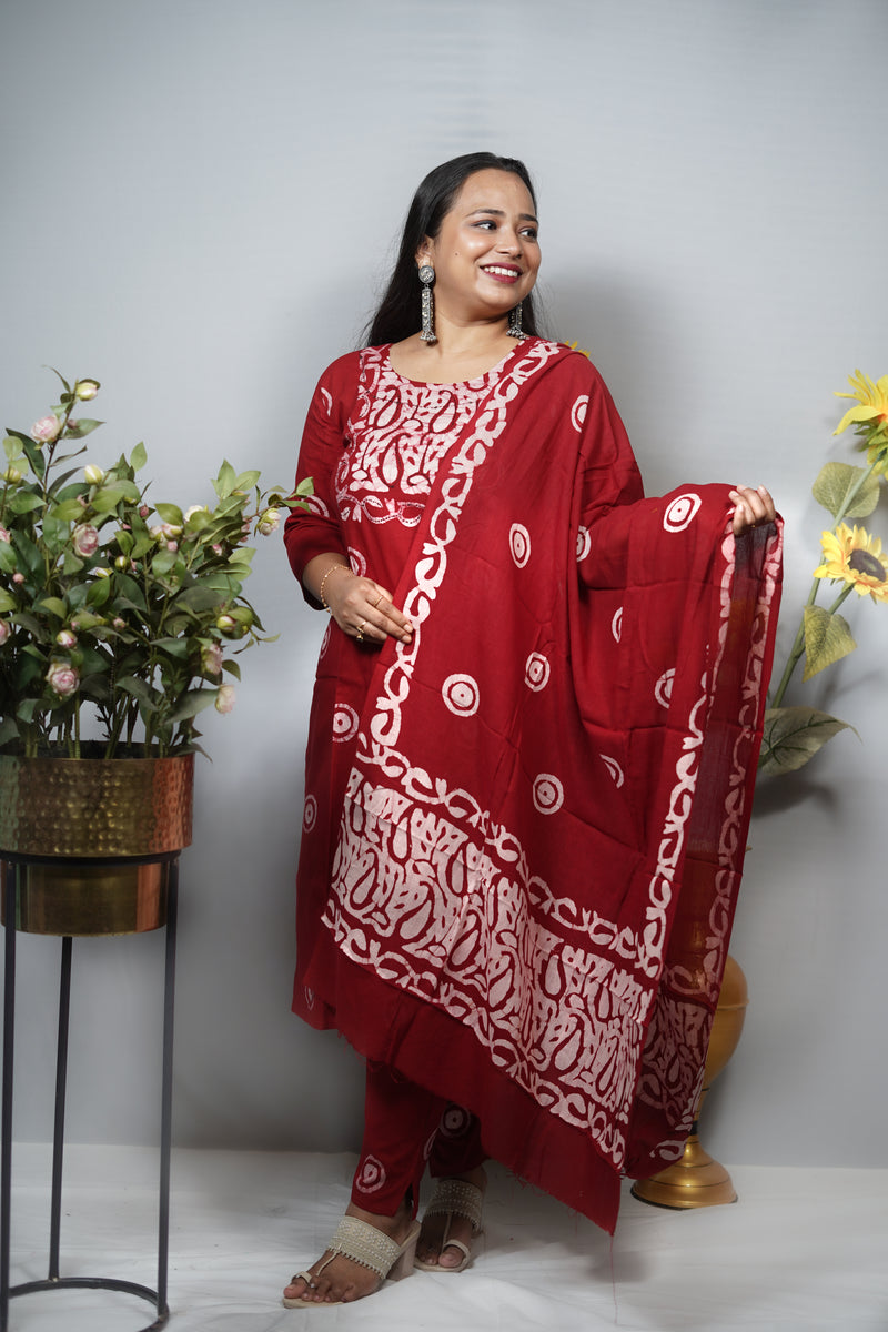 Hand Batik Cotton Kurta Set with Kantha Embroidered Yoke — Kurta, Pant & Dupatta