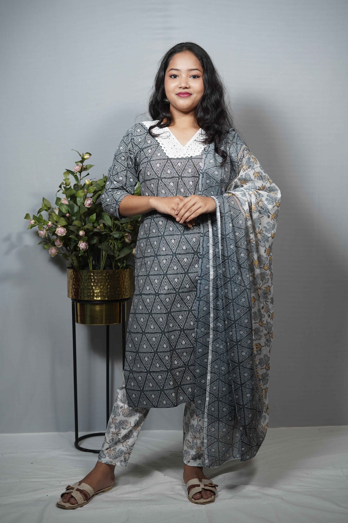 Cotton Geometric Print Kurta with floral pantsSet with Crochet Neckline & Printed Dupatta
