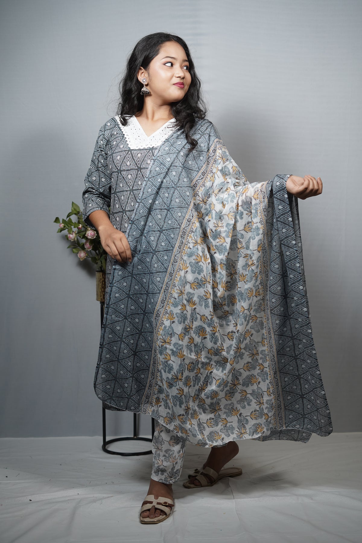 Cotton Geometric Print Kurta with floral pantsSet with Crochet Neckline & Printed Dupatta
