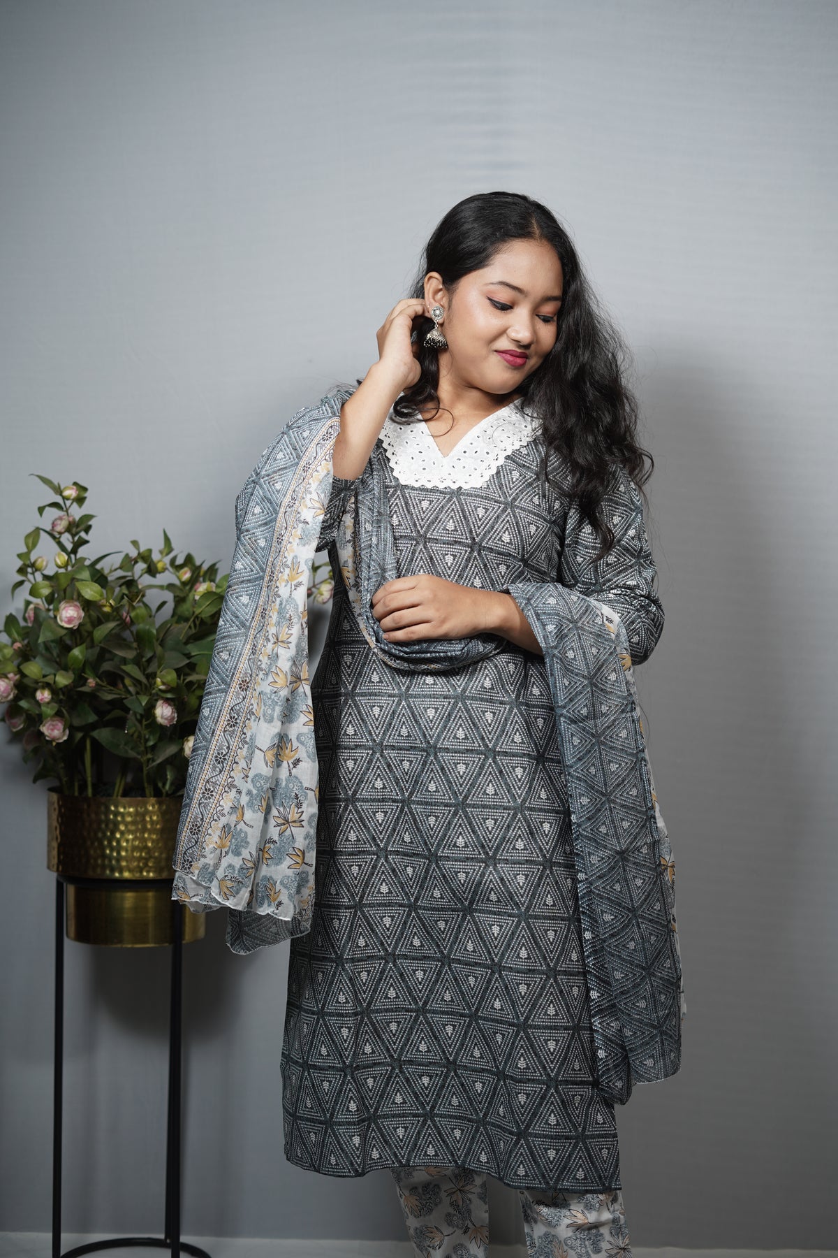 Cotton Geometric Print Kurta with floral pantsSet with Crochet Neckline & Printed Dupatta