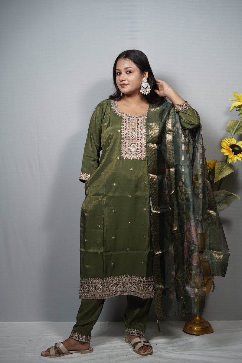 Tissue Silk Kurta Set with Kutch-Style Mirror Embroidered Yoke