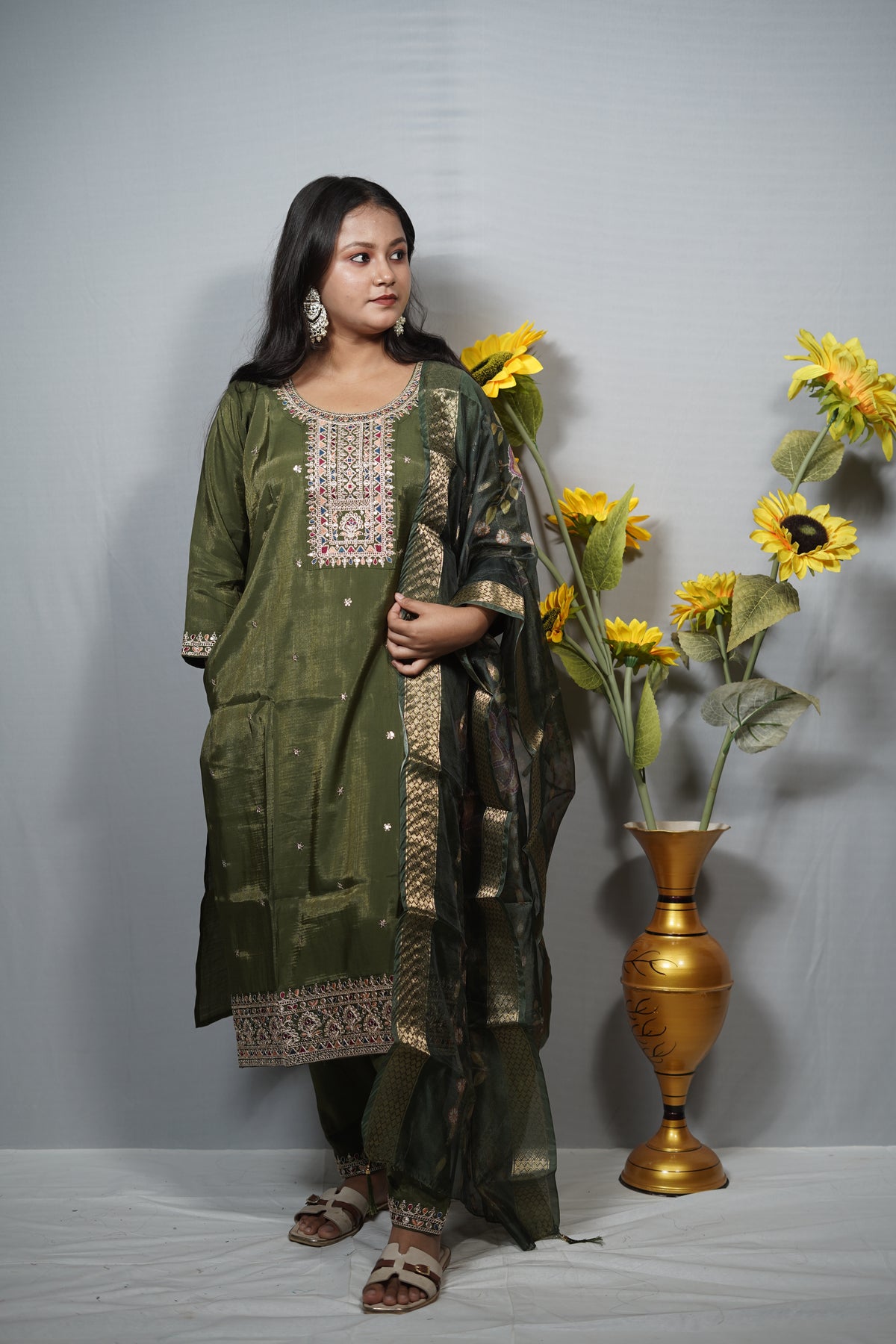 Tissue Silk Kurta Set with Kutch-Style Mirror Embroidered Yoke