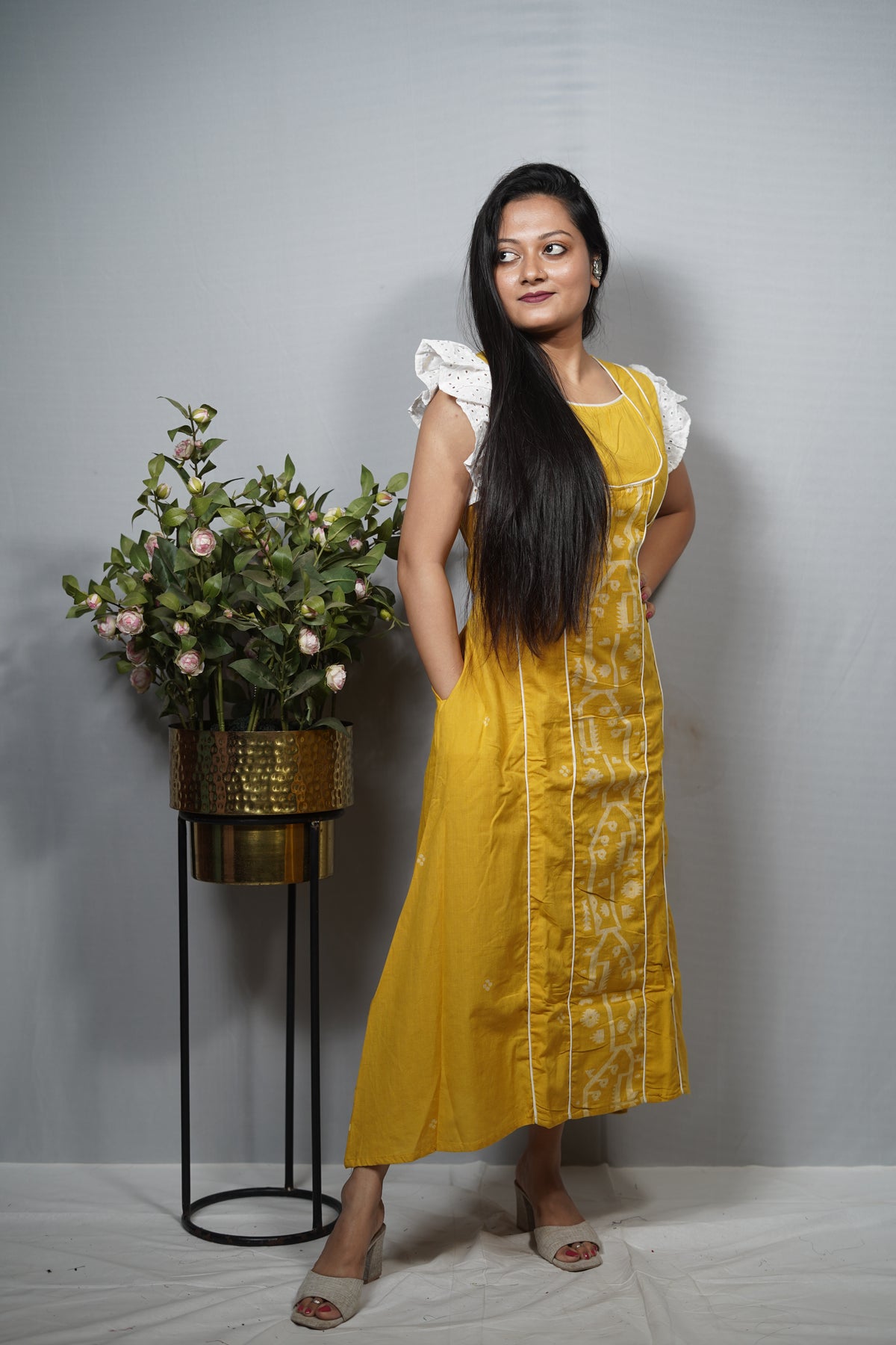 Cotton A-Line Kurta Dress with Jamdani Panel & Eyelet Frill Sleeves
