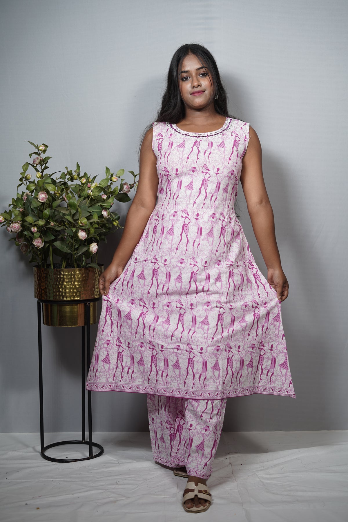 A- line Cotton Kurta with Mirror Work Neckline and palazzo pant