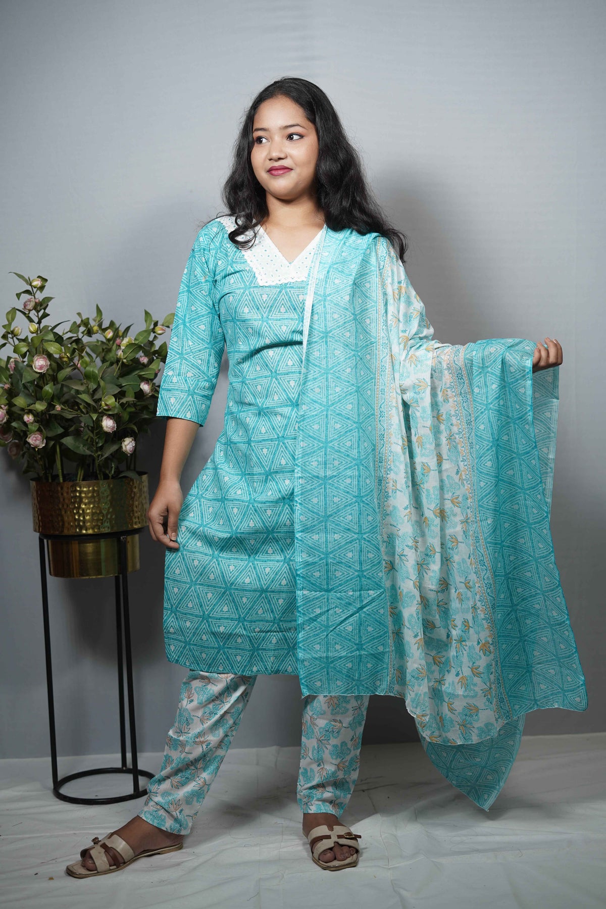 Cotton Geometric Print Kurta with floral pantsSet with Crochet Neckline & Printed Dupatta