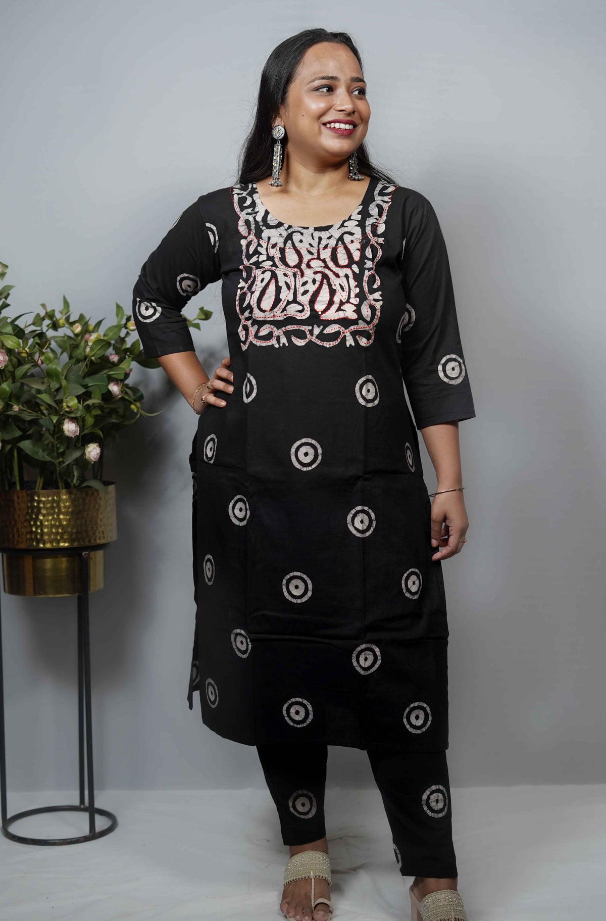 Hand Batik Cotton Kurta Set with Kantha Embroidered Yoke — Kurta, Pant & Dupatta