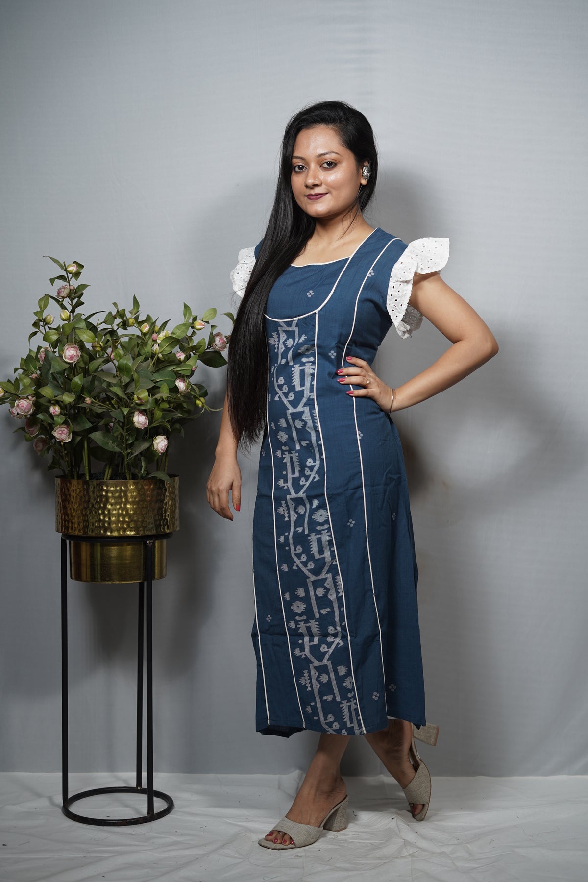 Cotton A-Line Kurta Dress with Jamdani Panel & Eyelet Frill Sleeves