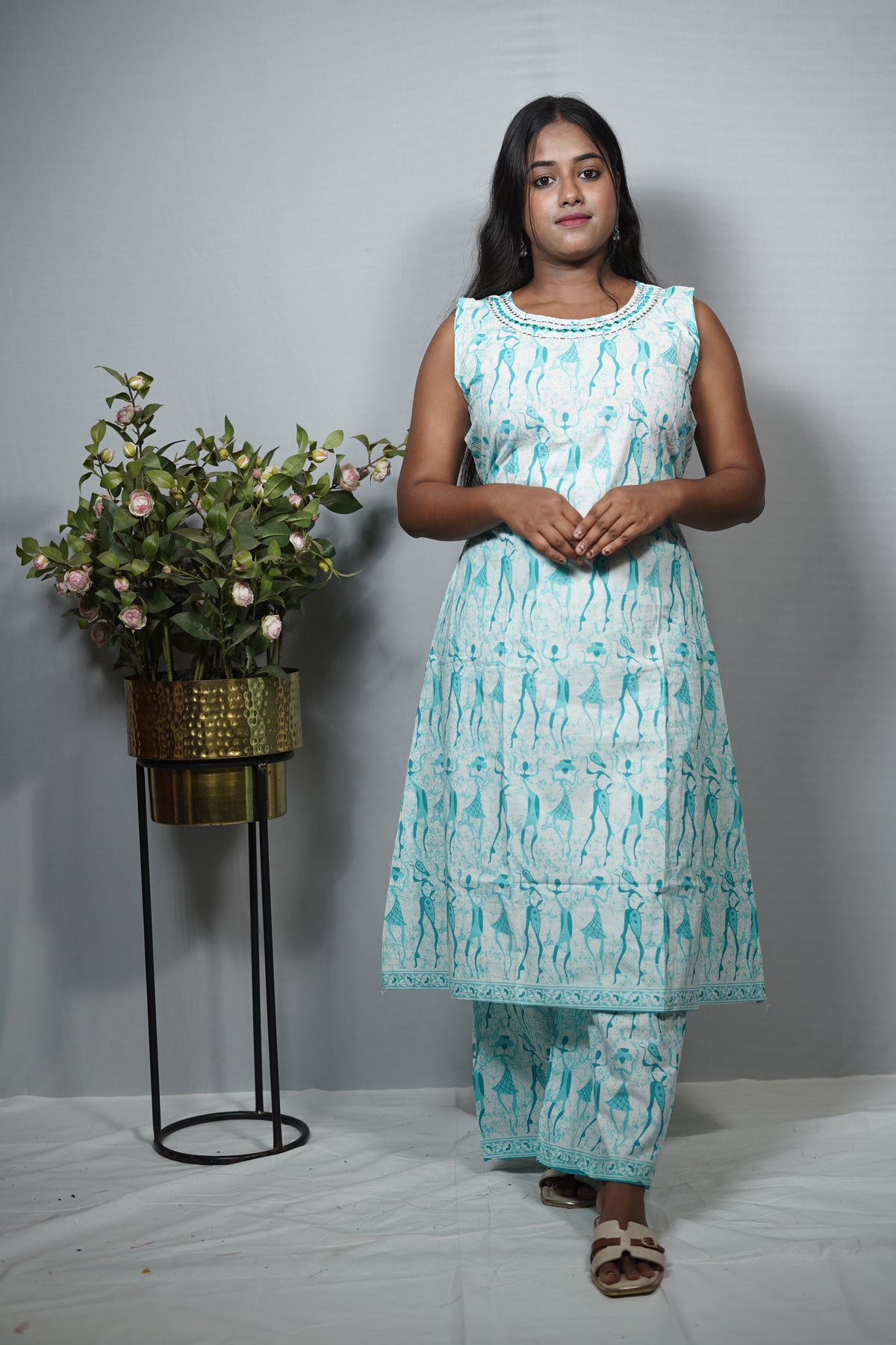 A- line Cotton Kurta with Mirror Work Neckline and palazzo pant