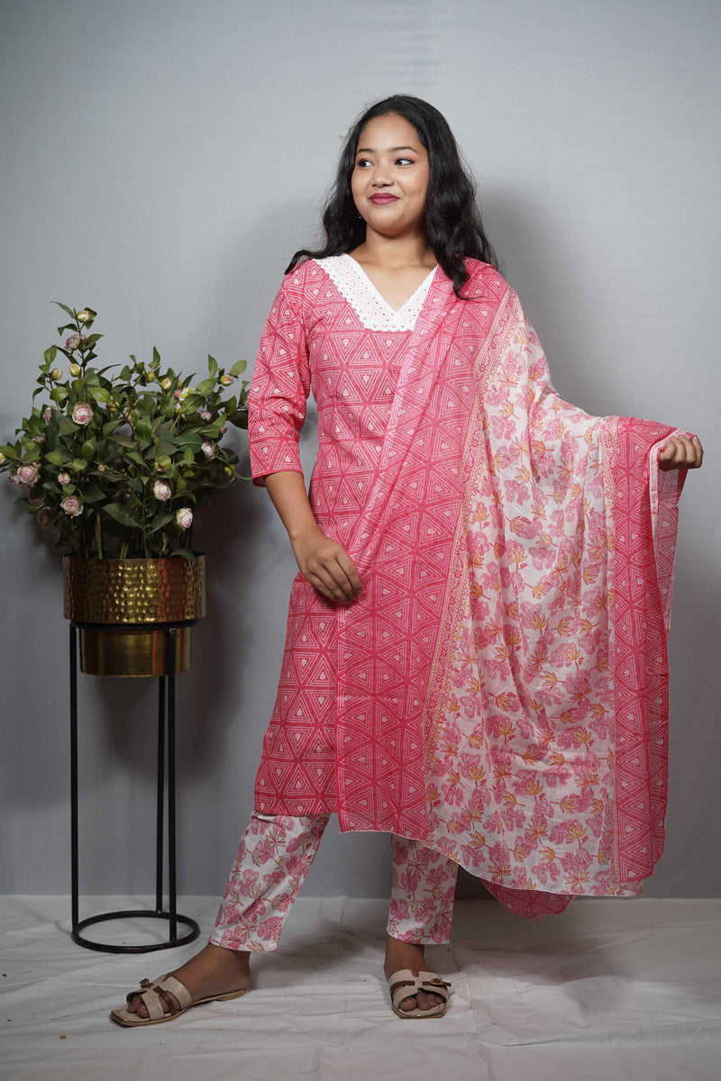 Cotton Geometric Print Kurta with floral pantsSet with Crochet Neckline & Printed Dupatta