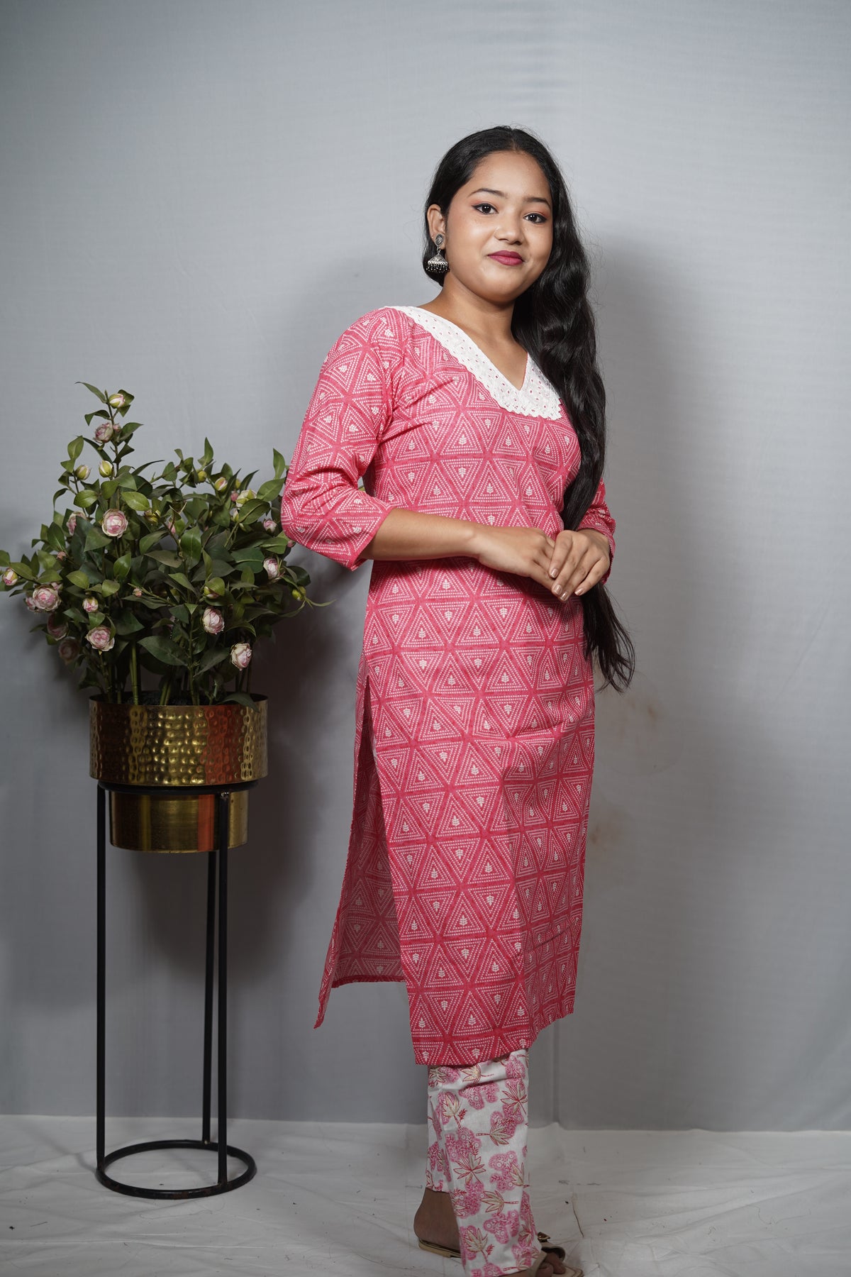 Cotton Geometric Print Kurta with floral pantsSet with Crochet Neckline & Printed Dupatta