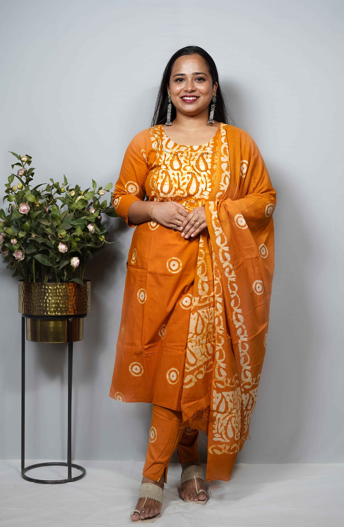 Hand Batik Cotton Kurta Set with Kantha Embroidered Yoke — Kurta, Pant & Dupatta