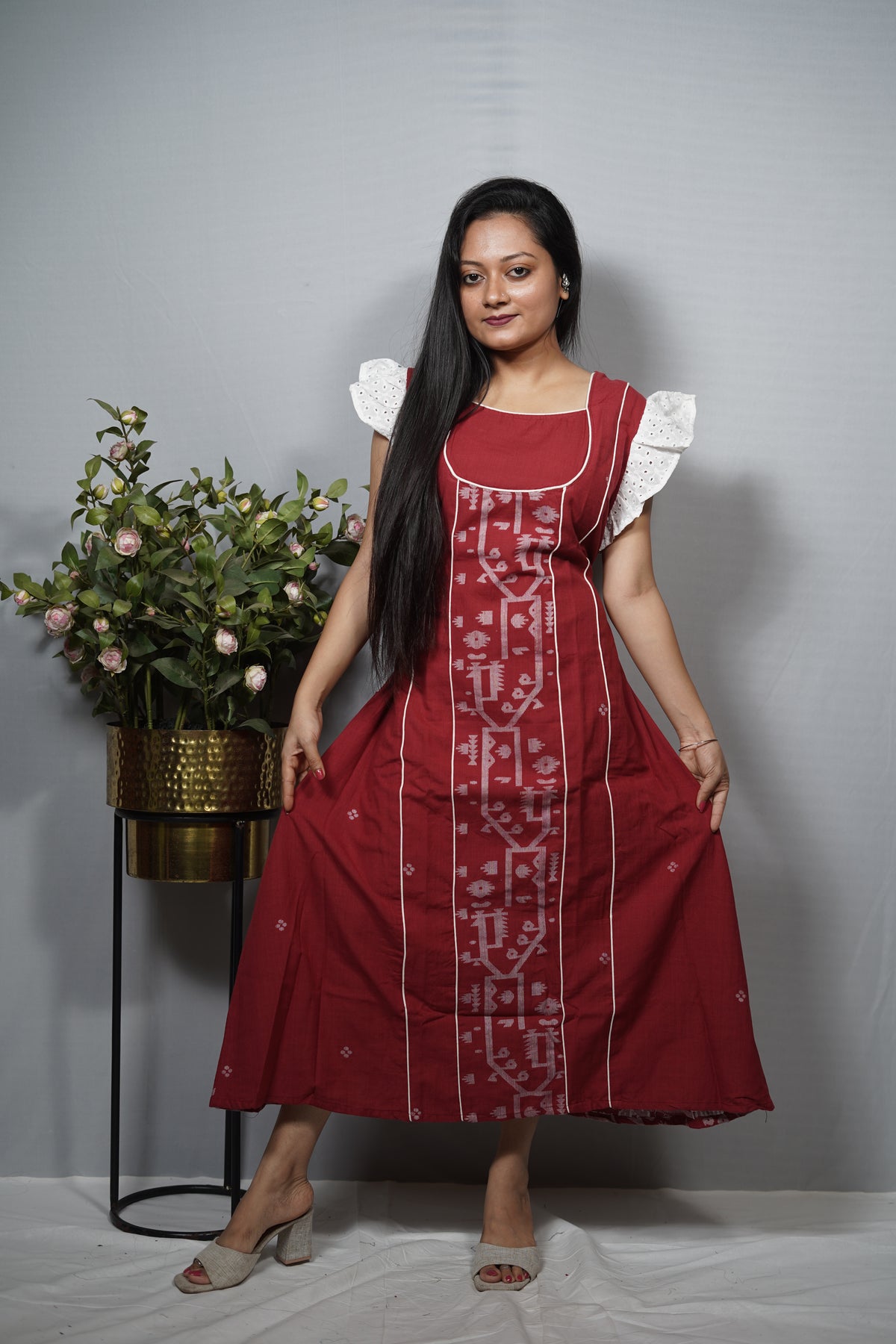 Cotton A-Line Kurta Dress with Jamdani Panel & Eyelet Frill Sleeves