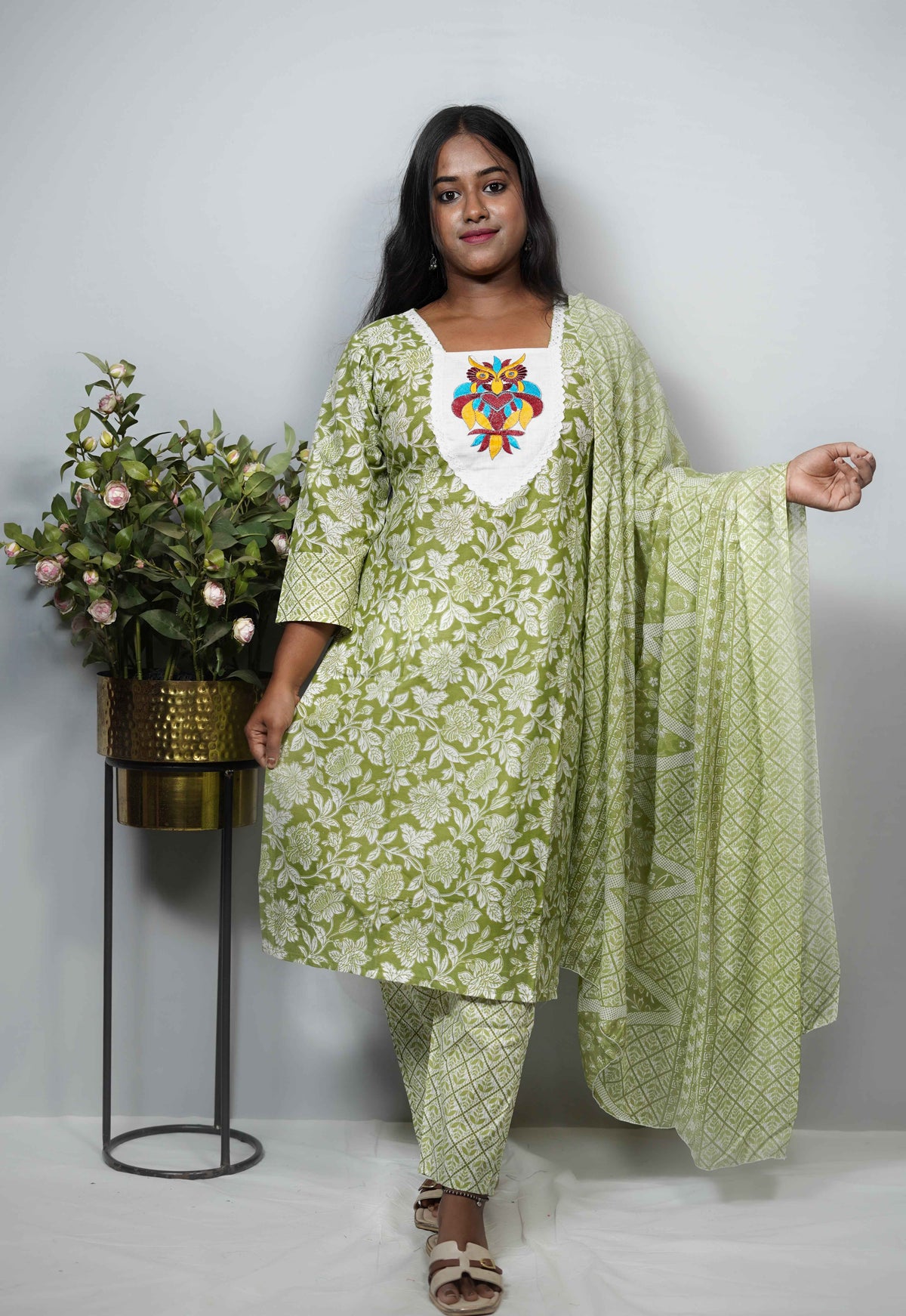 Floral Print Cotton Kurta Set with Embroidered Owl Motif Yoke — Kurta, Pant & Dupatta