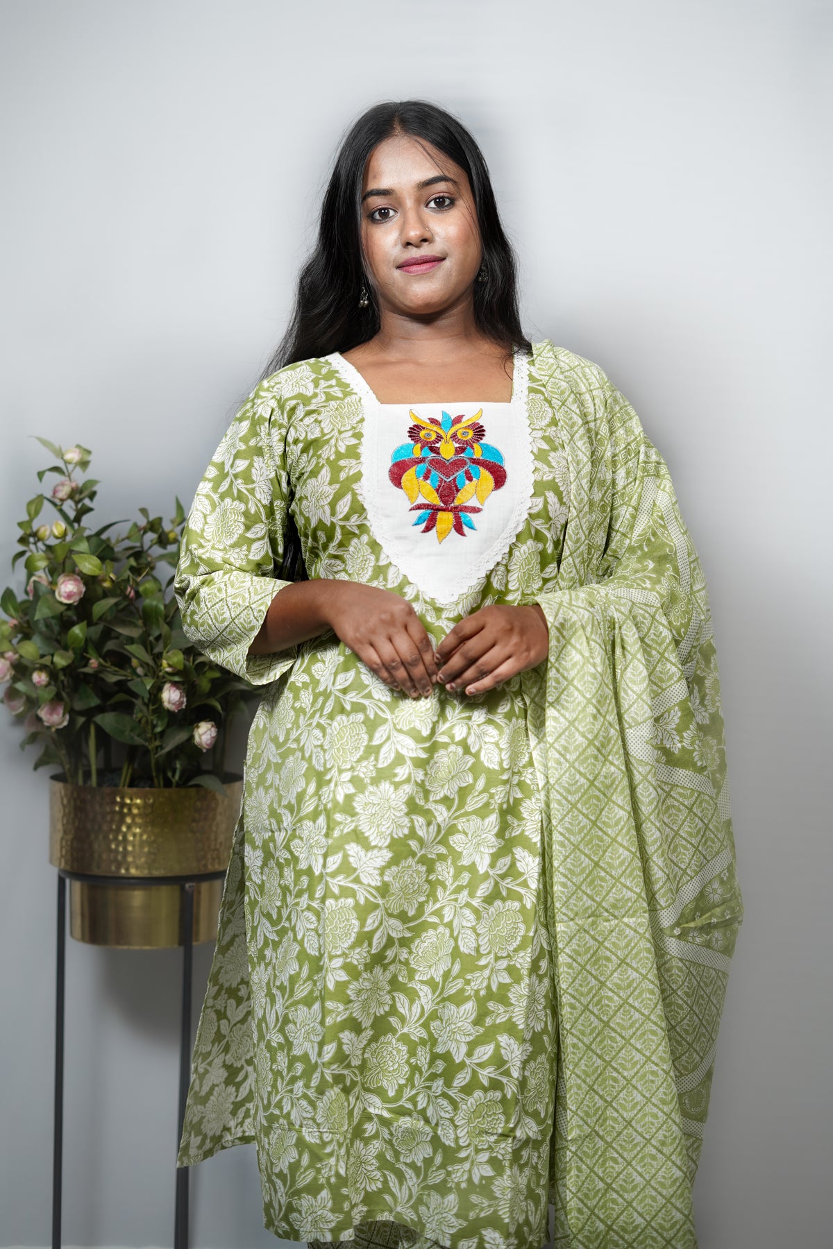Floral Print Cotton Kurta Set with Embroidered Owl Motif Yoke — Kurta, Pant & Dupatta