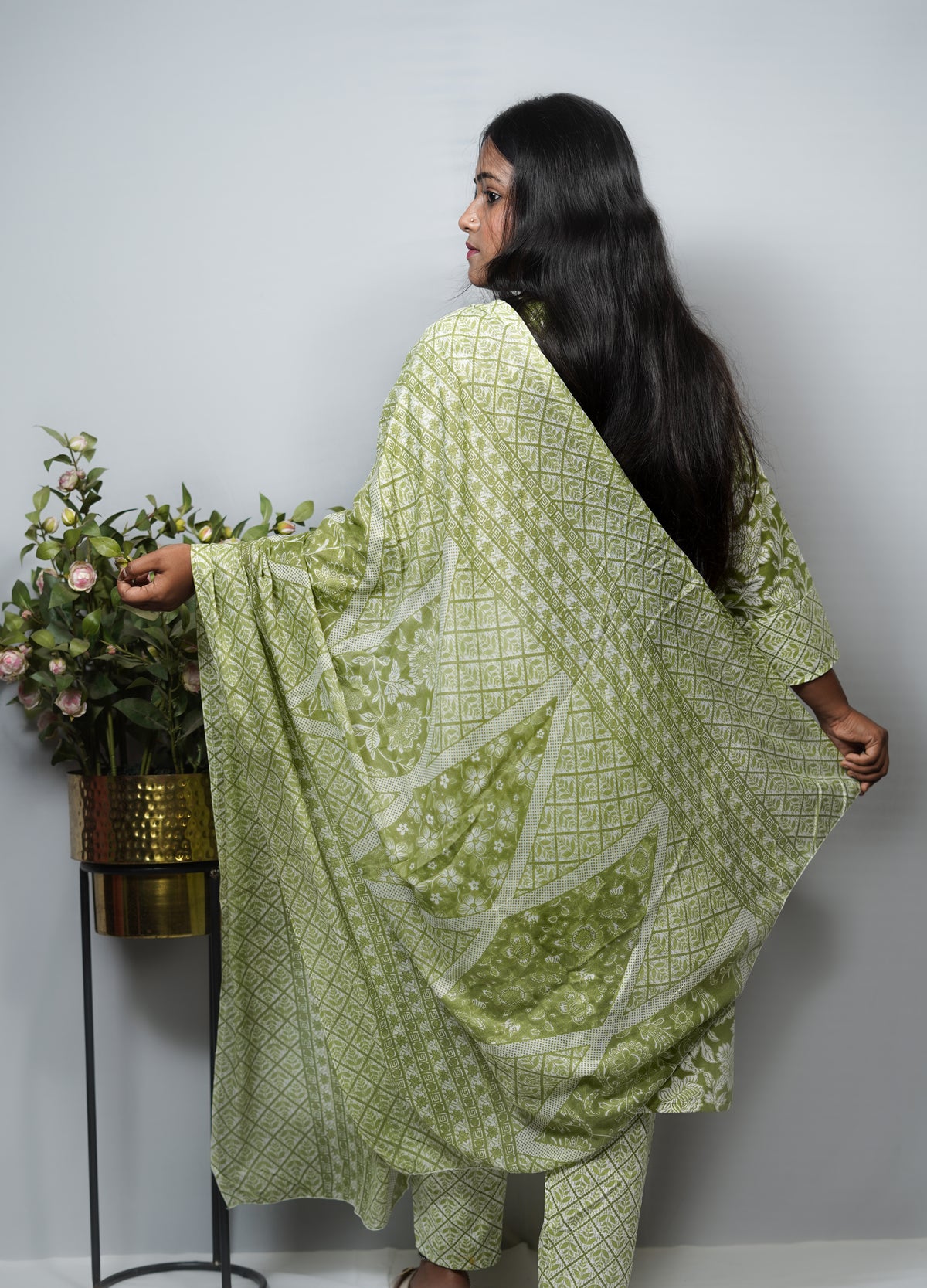 Floral Print Cotton Kurta Set with Embroidered Owl Motif Yoke — Kurta, Pant & Dupatta