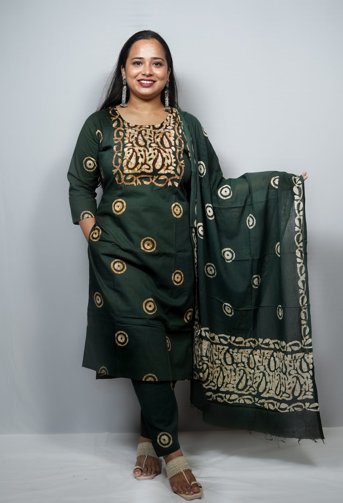 Hand Batik Cotton Kurta Set with Kantha Embroidered Yoke — Kurta, Pant & Dupatta