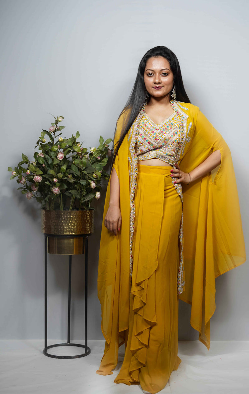 Mustard Georgette Embroidered Crop Top & Ruffle skirt Co-ord Set with Cape